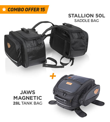 Combo 15: Stallion 65L Saddle Bags plus Jaws Magnetic 28L Tank Bag with Waterproof Rain Covers Included